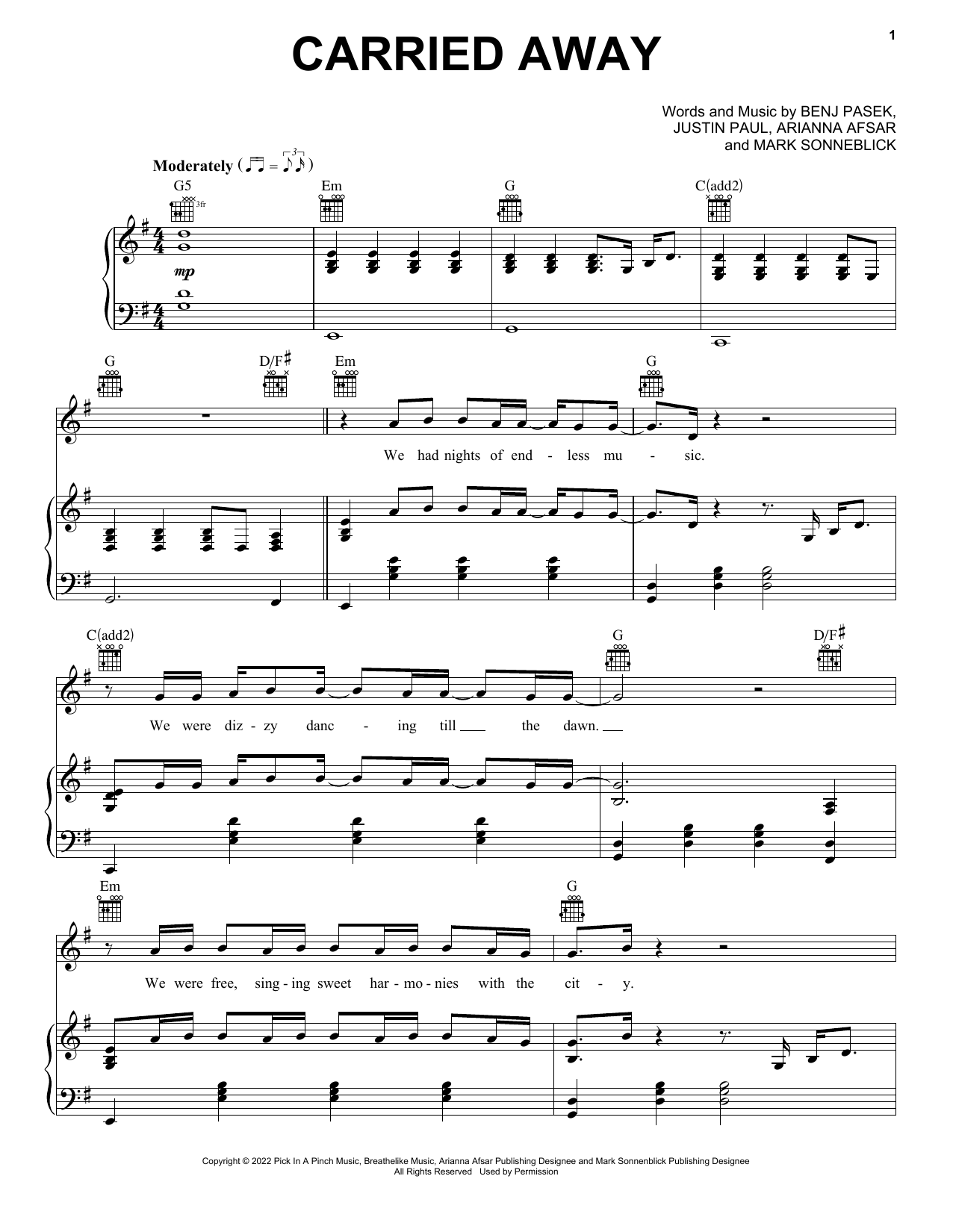 Shawn Mendes Carried Away (from Lyle, Lyle, Crocodile) sheet music notes and chords arranged for Piano, Vocal & Guitar Chords (Right-Hand Melody)