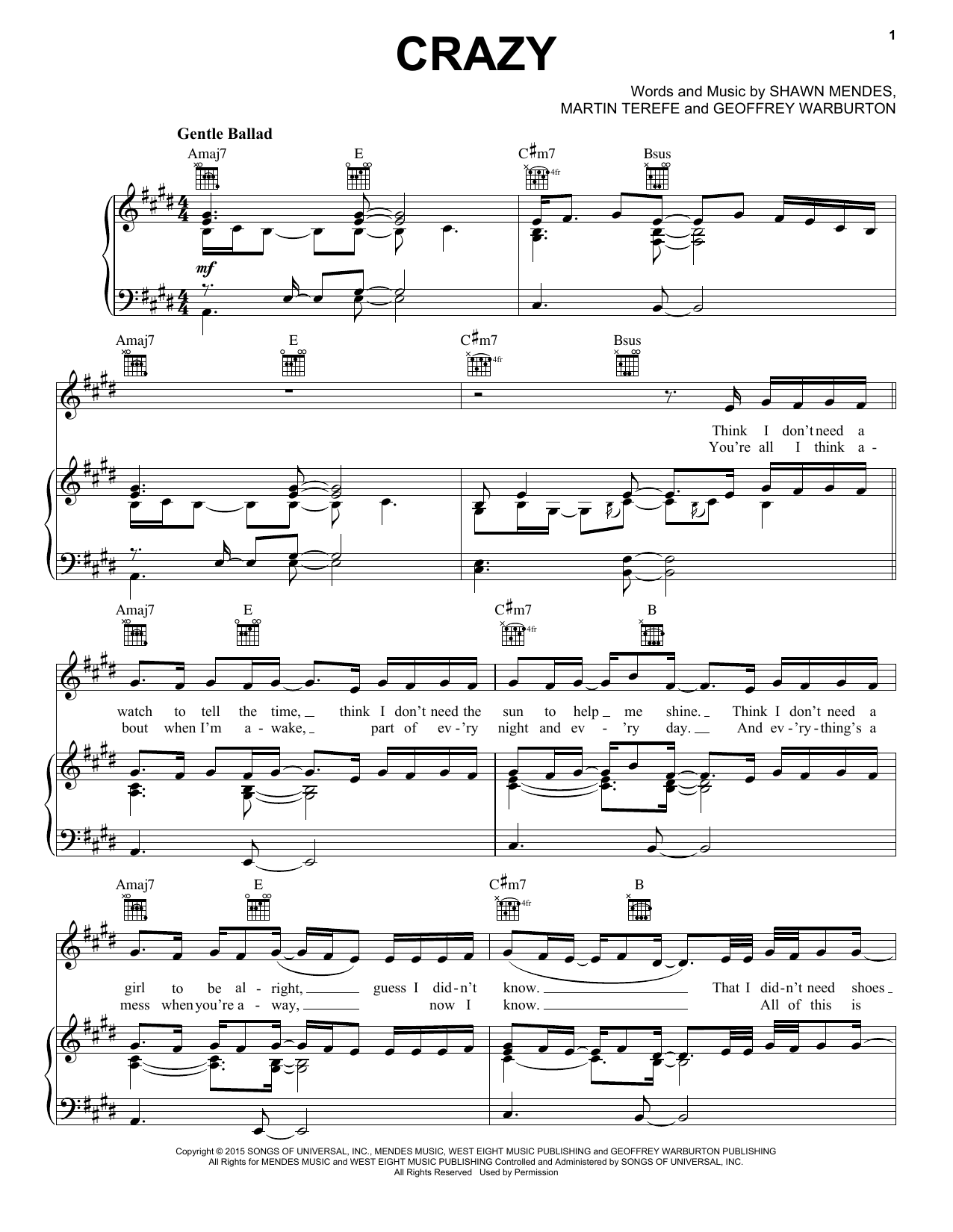 Shawn Mendes Crazy sheet music notes and chords arranged for Piano, Vocal & Guitar Chords (Right-Hand Melody)
