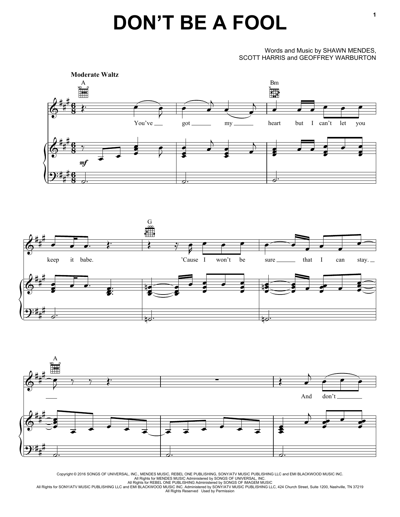 Shawn Mendes Don't Be A Fool sheet music notes and chords arranged for Piano, Vocal & Guitar Chords (Right-Hand Melody)