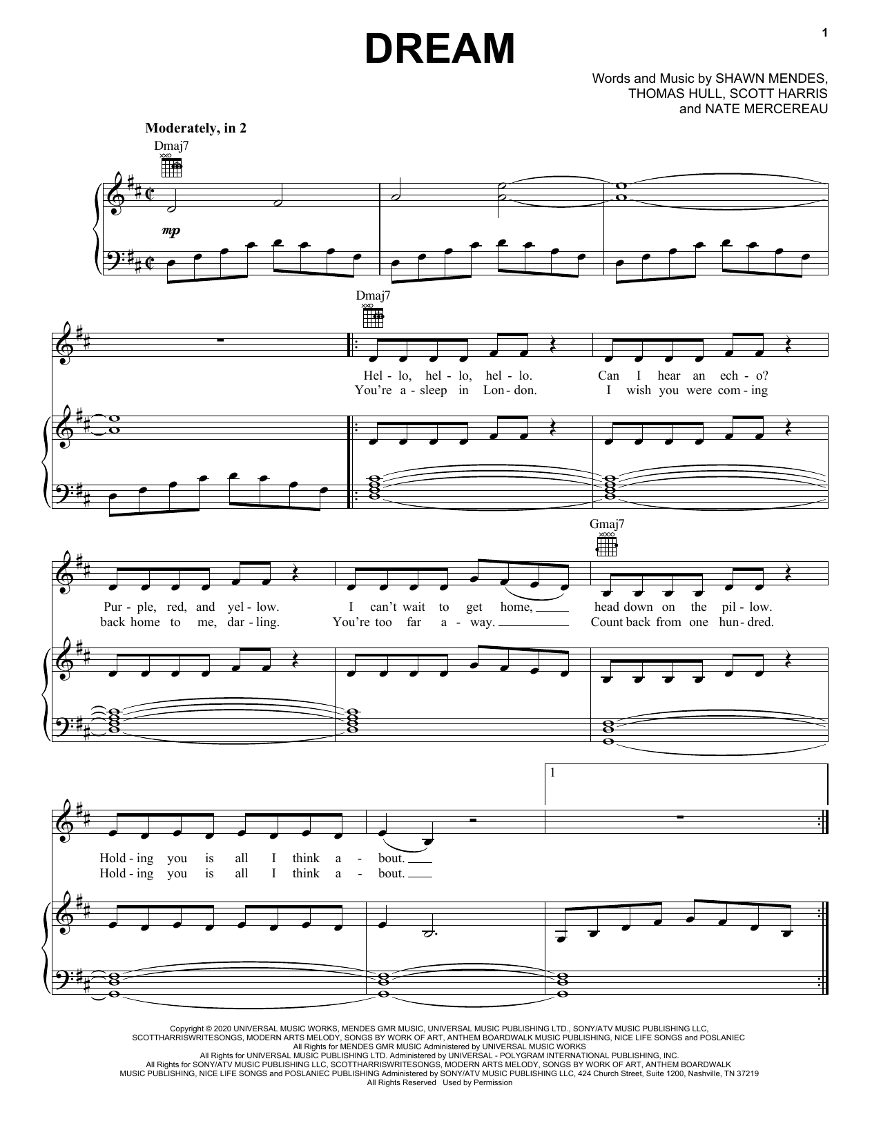 Shawn Mendes Dream sheet music notes and chords arranged for Piano, Vocal & Guitar Chords (Right-Hand Melody)