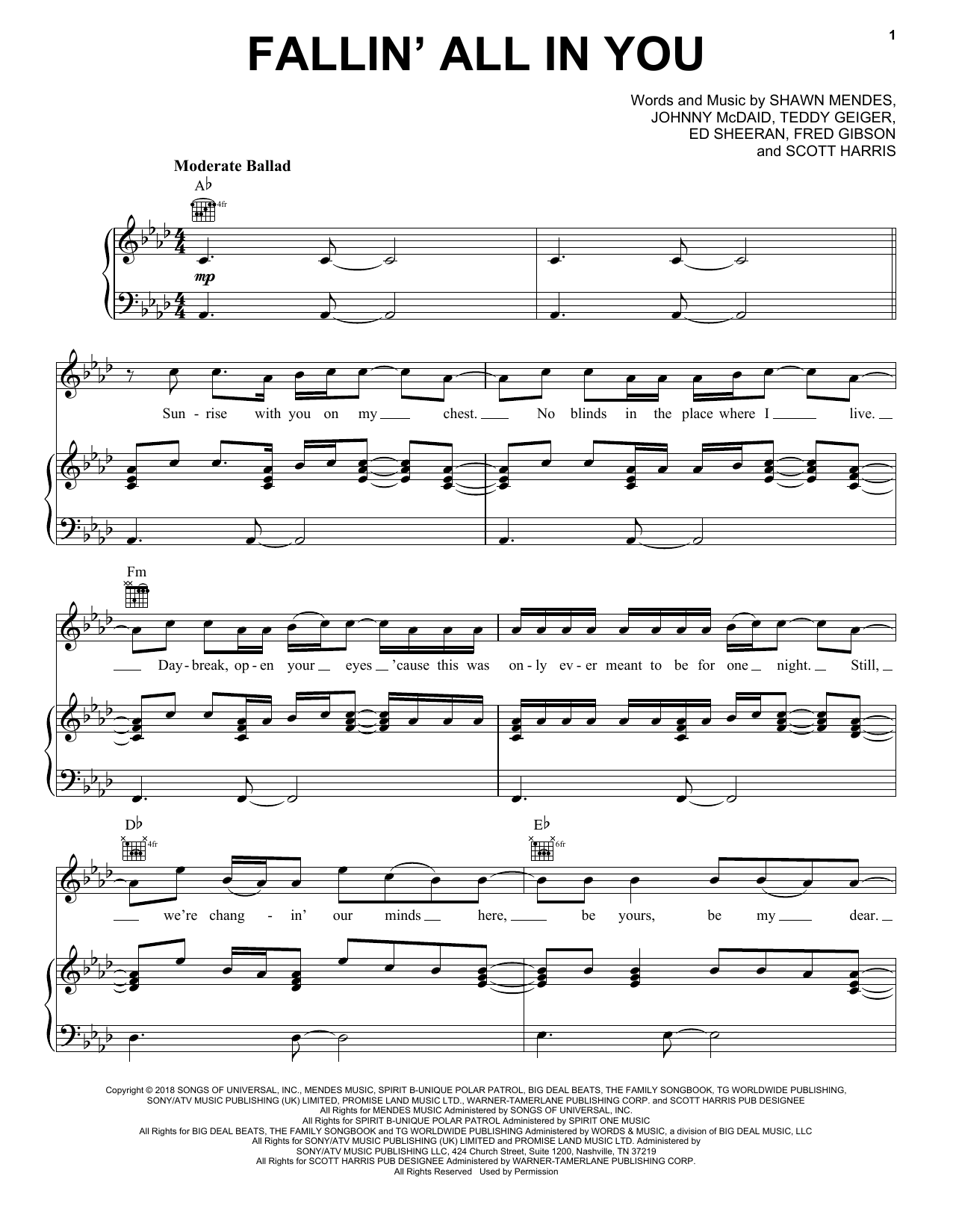 Shawn Mendes Fallin' All In You sheet music notes and chords arranged for Piano, Vocal & Guitar Chords (Right-Hand Melody)