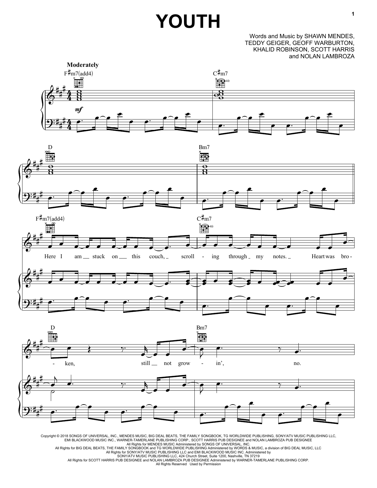 Shawn Mendes feat. Khalid Youth sheet music notes and chords arranged for Piano, Vocal & Guitar Chords (Right-Hand Melody)