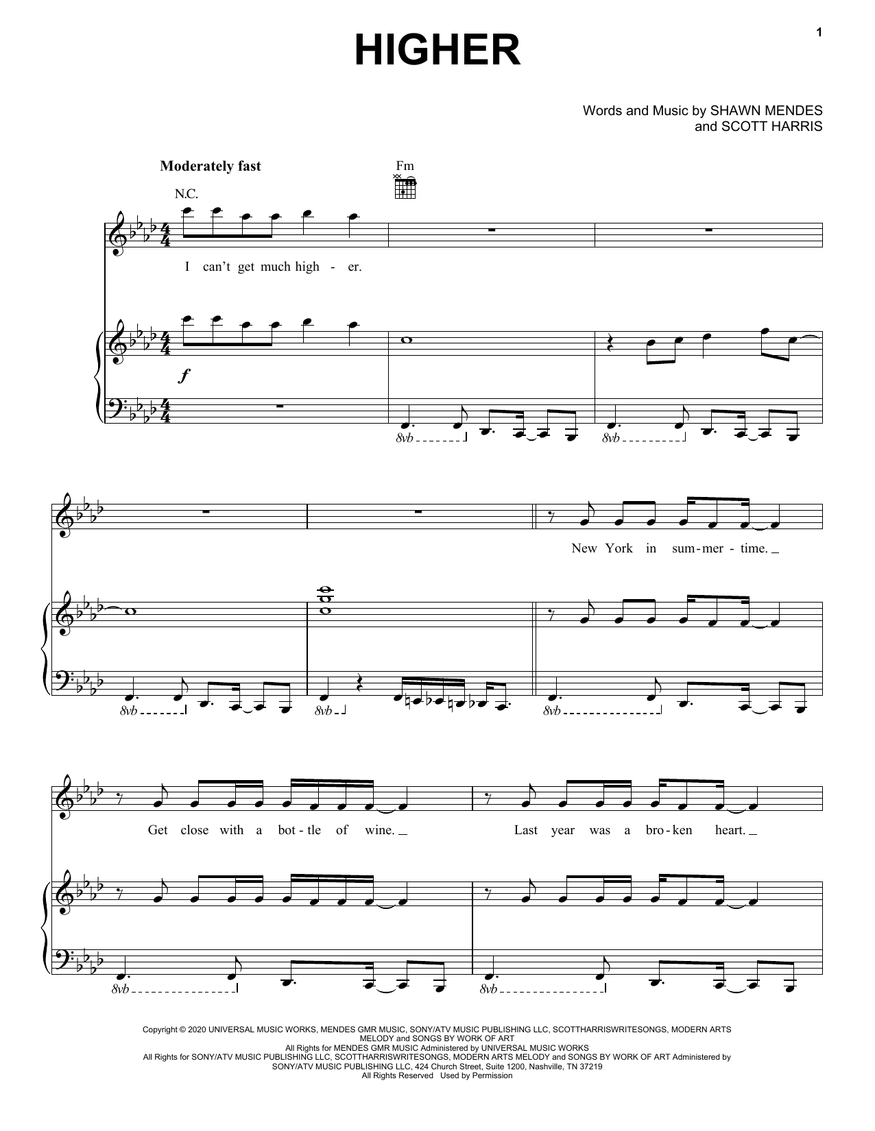 Shawn Mendes Higher sheet music notes and chords arranged for Piano, Vocal & Guitar Chords (Right-Hand Melody)