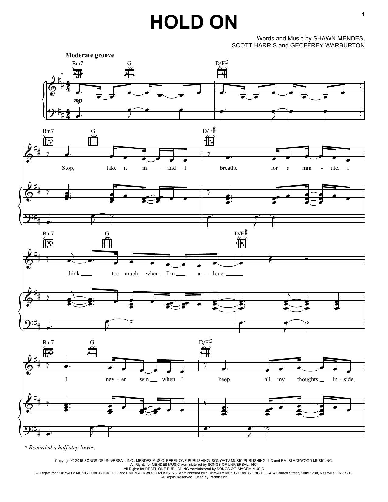 Shawn Mendes Hold On sheet music notes and chords arranged for Piano, Vocal & Guitar Chords (Right-Hand Melody)