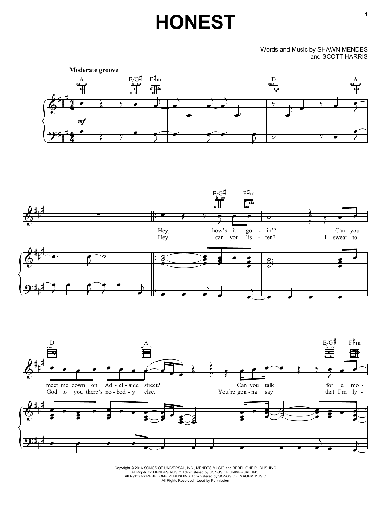 Shawn Mendes Honest sheet music notes and chords arranged for Piano, Vocal & Guitar Chords (Right-Hand Melody)
