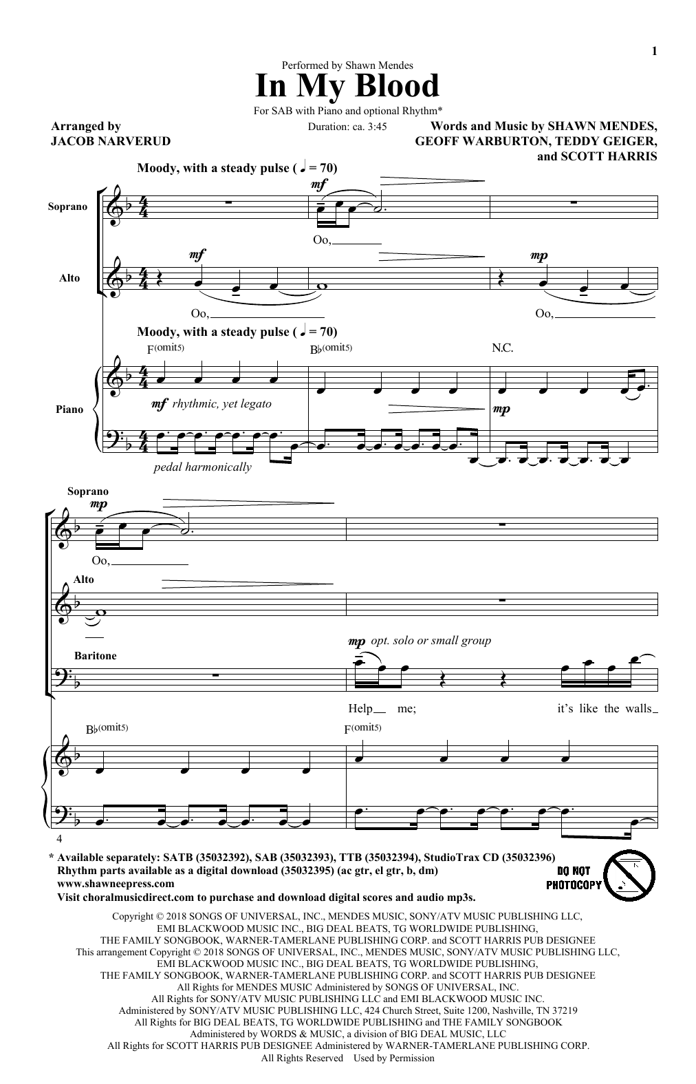 Shawn Mendes In My Blood (arr. Jacob Narverud) sheet music notes and chords arranged for SATB Choir