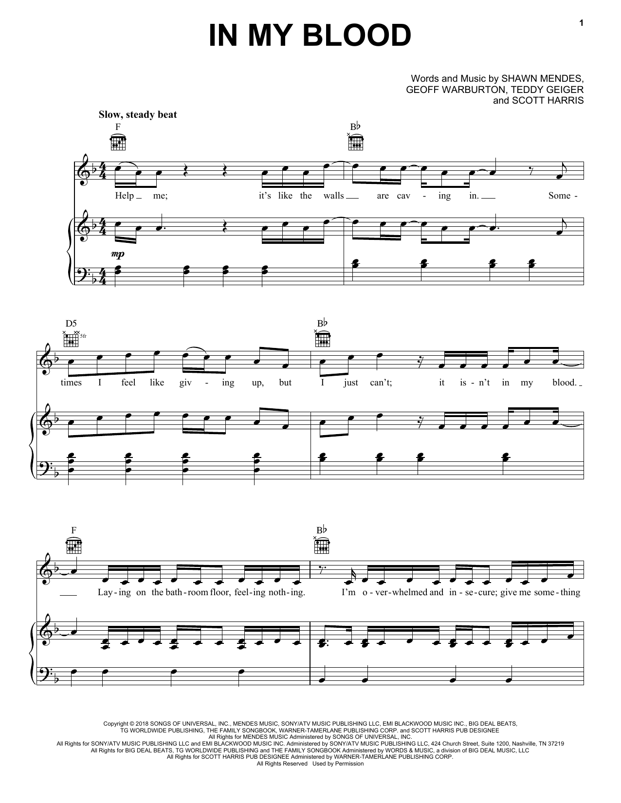 Shawn Mendes In My Blood sheet music notes and chords arranged for Easy Guitar Tab
