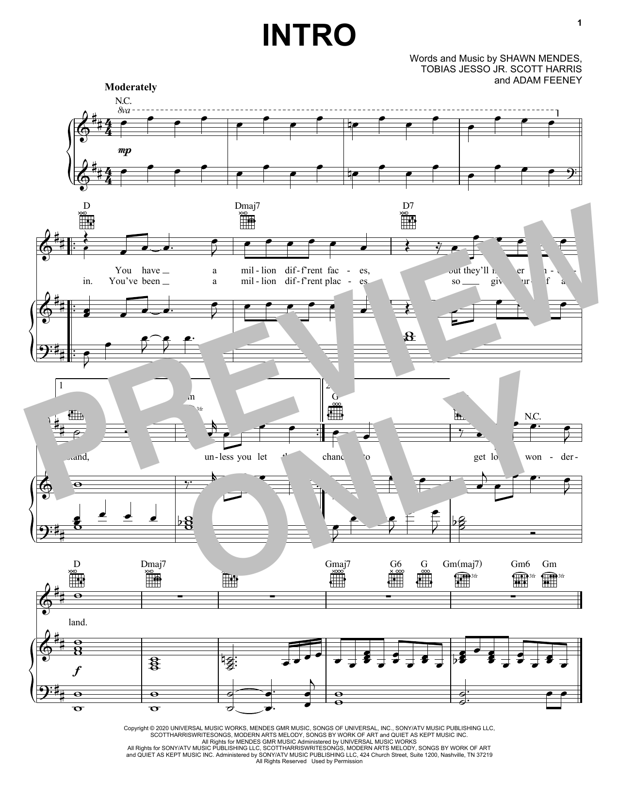 Shawn Mendes Intro sheet music notes and chords arranged for Piano, Vocal & Guitar Chords (Right-Hand Melody)