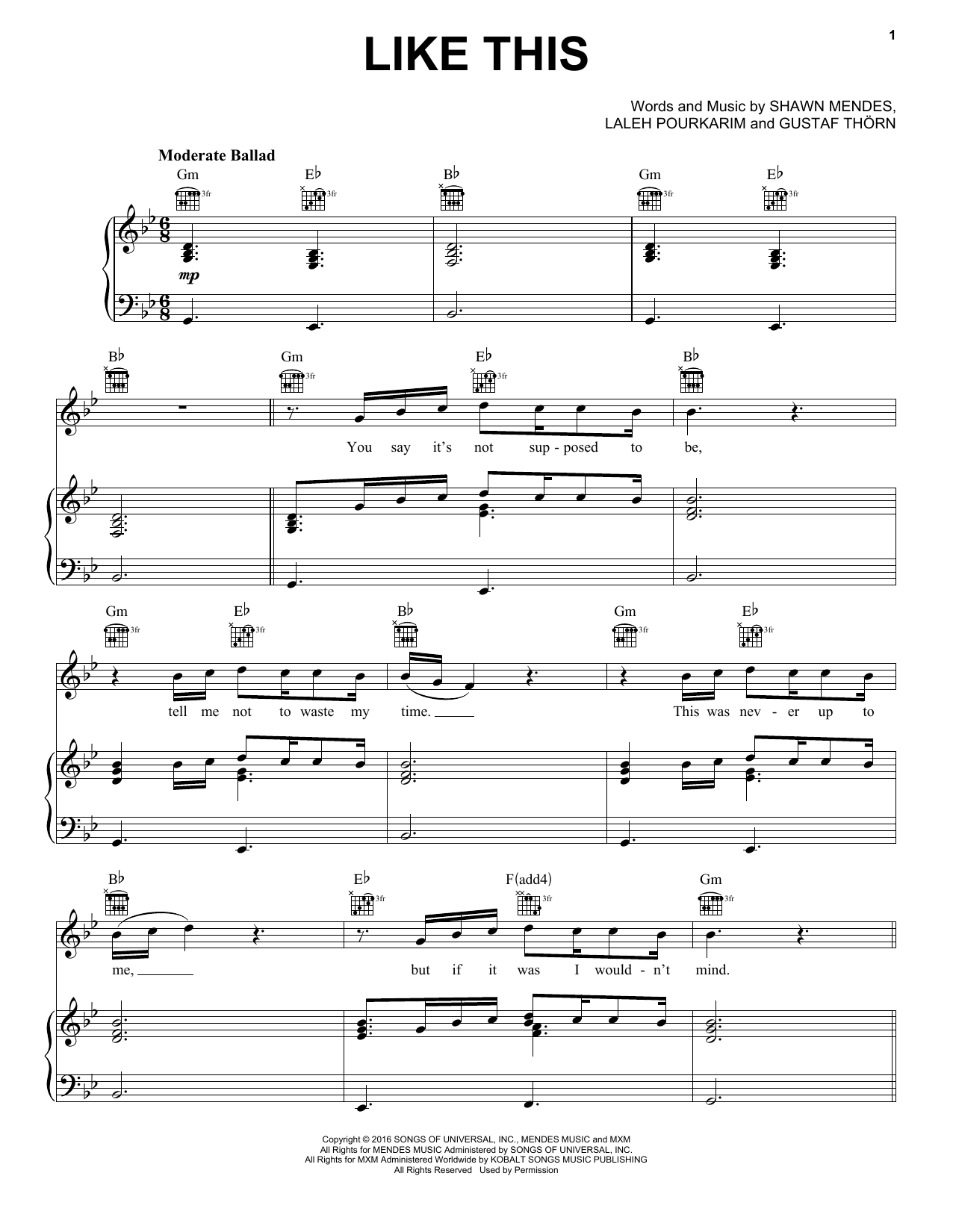 Shawn Mendes Like This sheet music notes and chords arranged for Piano, Vocal & Guitar Chords (Right-Hand Melody)