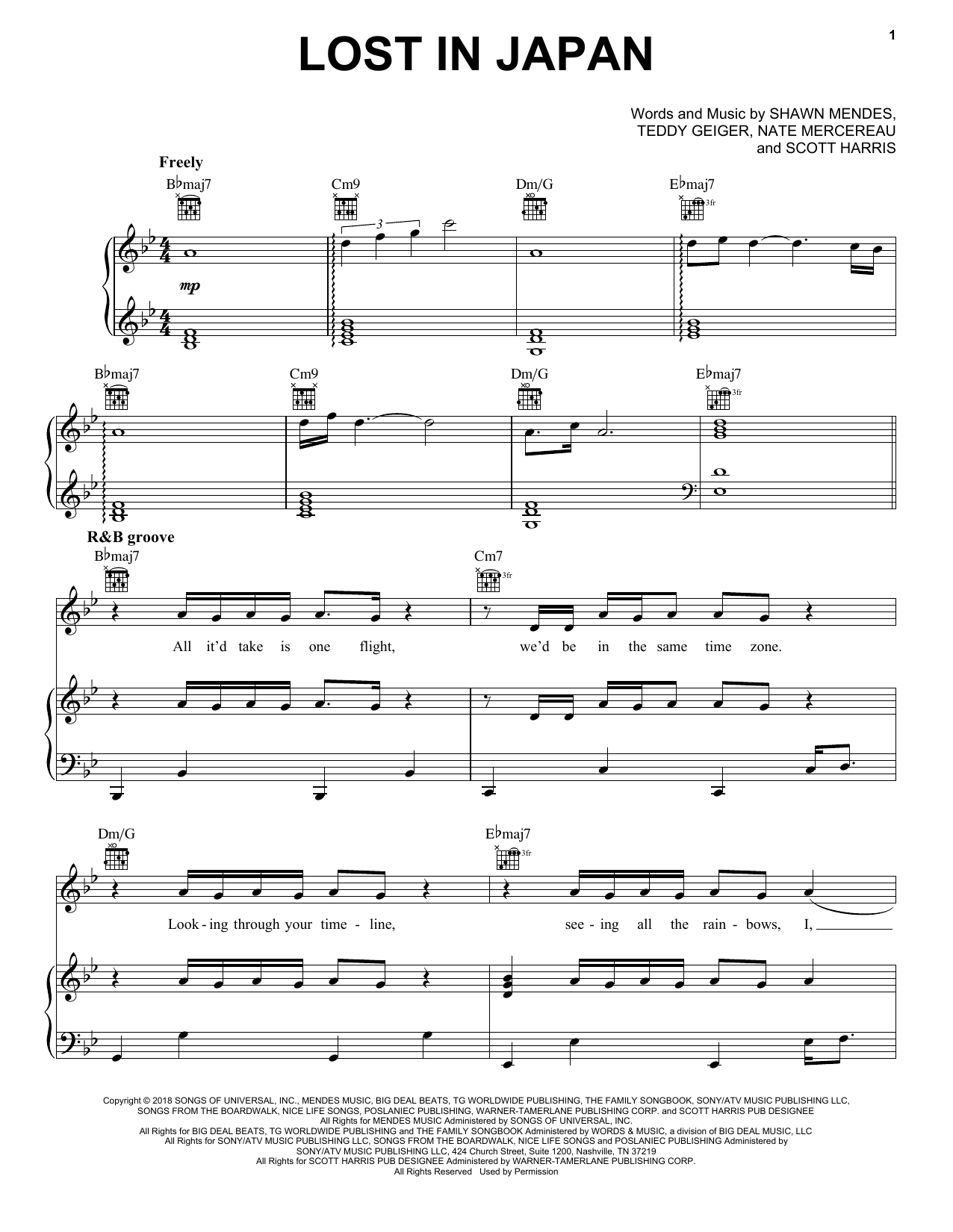Shawn Mendes Lost In Japan sheet music notes and chords arranged for Piano, Vocal & Guitar Chords (Right-Hand Melody)