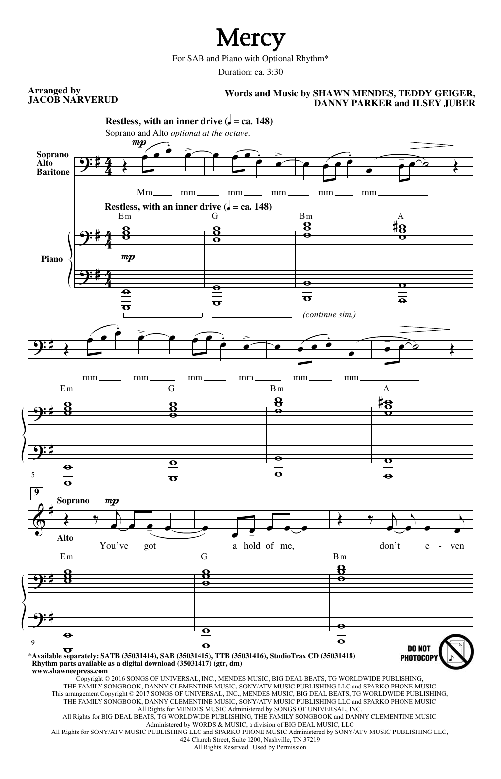 Shawn Mendes Mercy (arr. Jacob Narverud) sheet music notes and chords arranged for SAB Choir