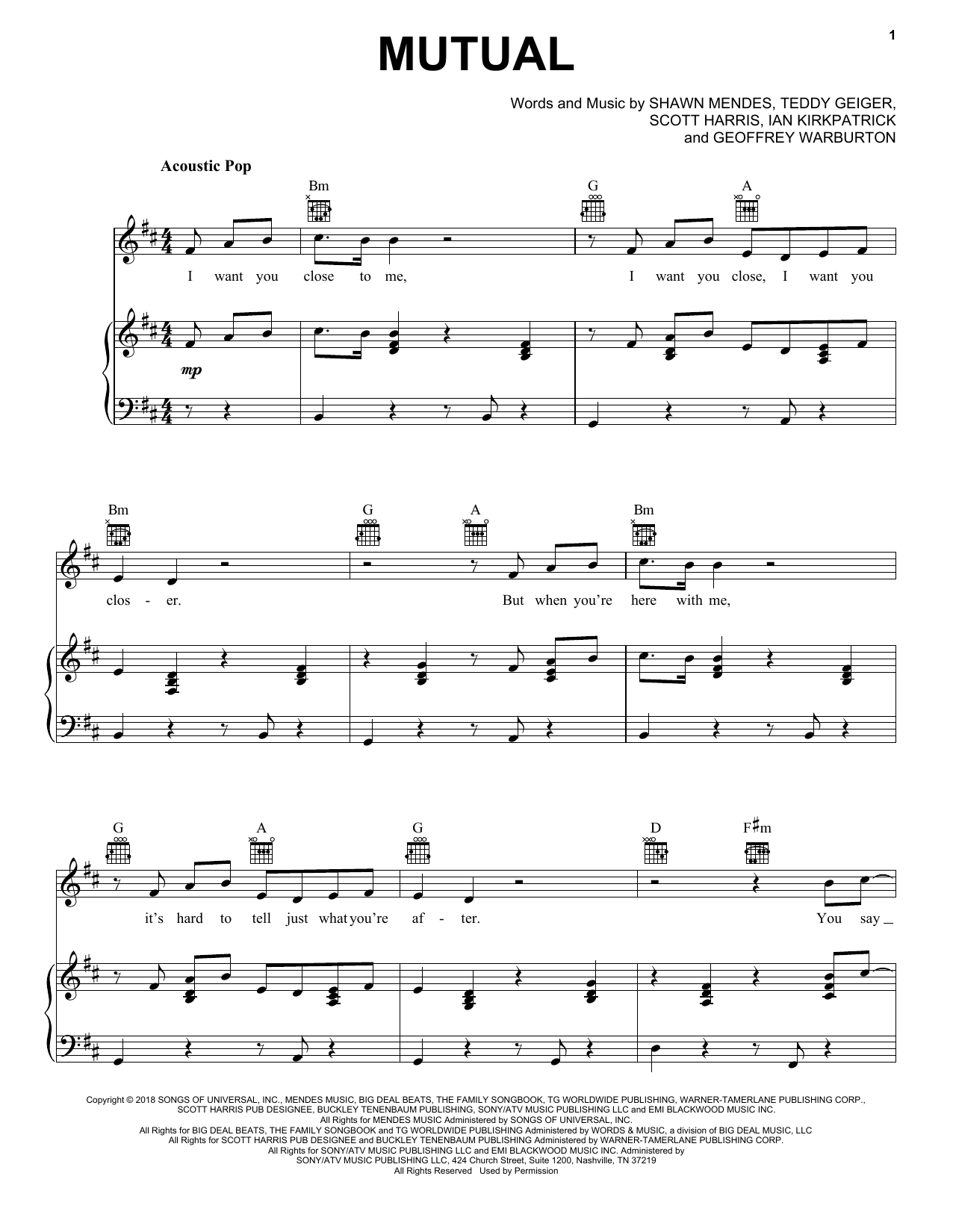 Shawn Mendes Mutual sheet music notes and chords arranged for Piano, Vocal & Guitar Chords (Right-Hand Melody)