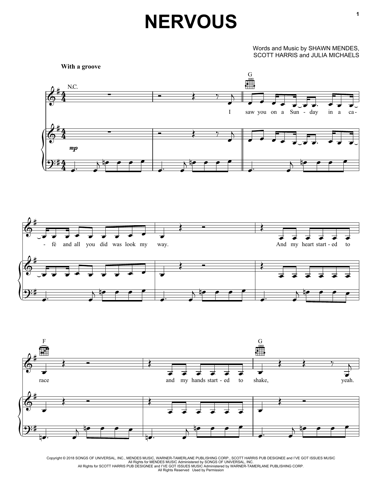 Shawn Mendes Nervous sheet music notes and chords arranged for Piano, Vocal & Guitar Chords (Right-Hand Melody)