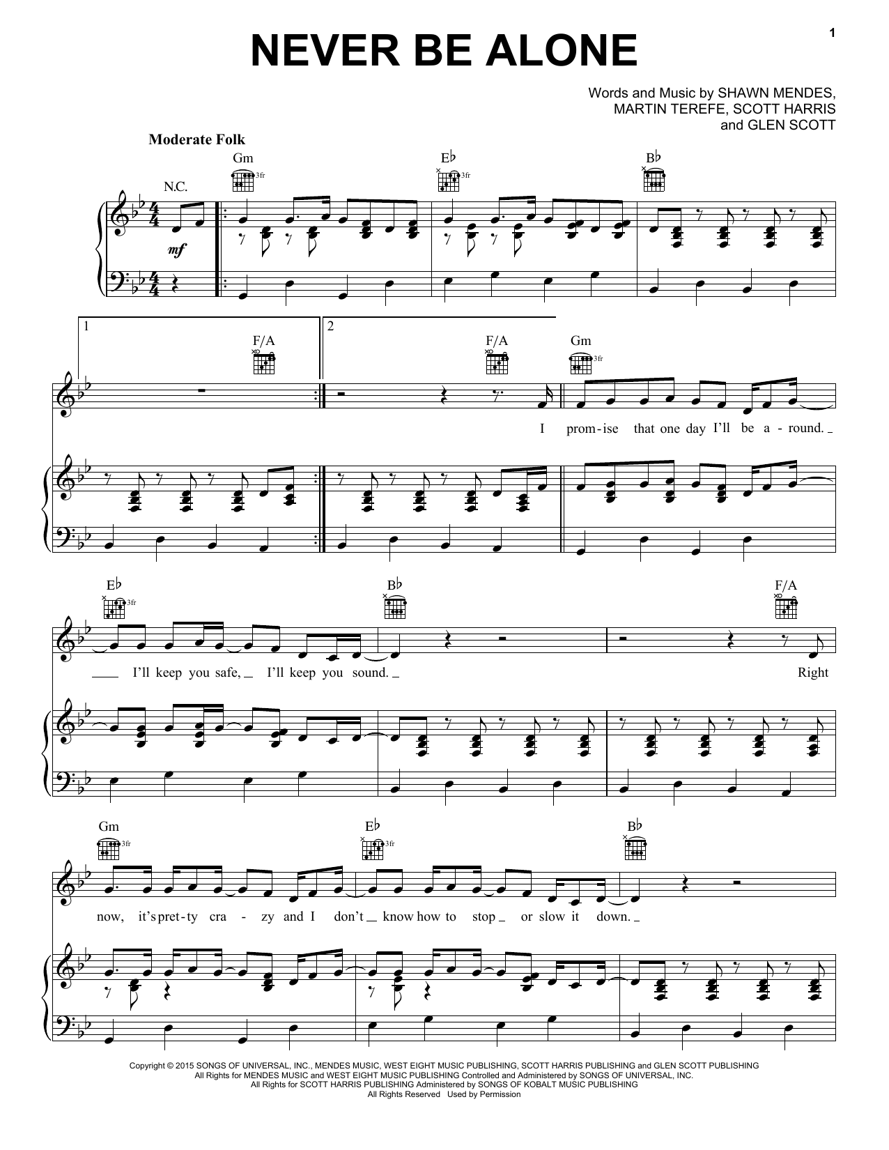 Shawn Mendes Never Be Alone sheet music notes and chords arranged for Piano, Vocal & Guitar Chords (Right-Hand Melody)