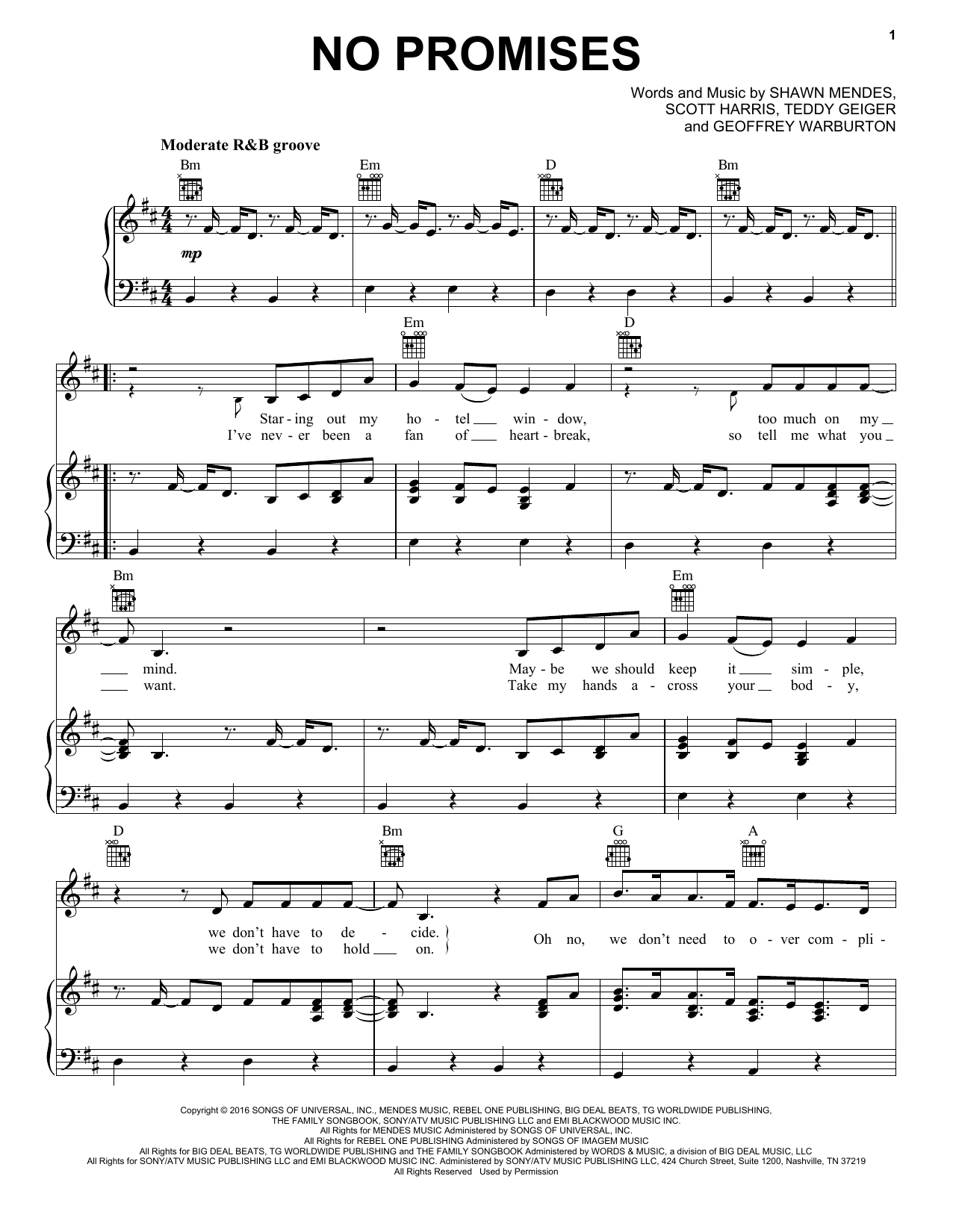 Shawn Mendes No Promises sheet music notes and chords arranged for Piano, Vocal & Guitar Chords (Right-Hand Melody)