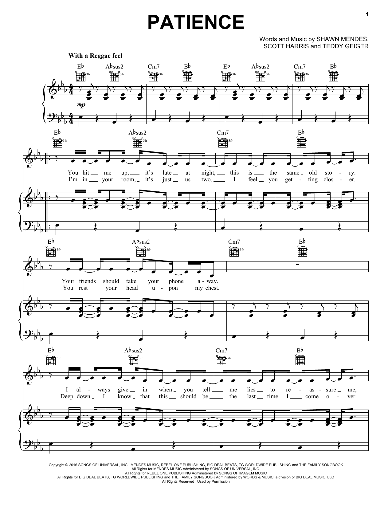 Shawn Mendes Patience sheet music notes and chords arranged for Piano, Vocal & Guitar Chords (Right-Hand Melody)