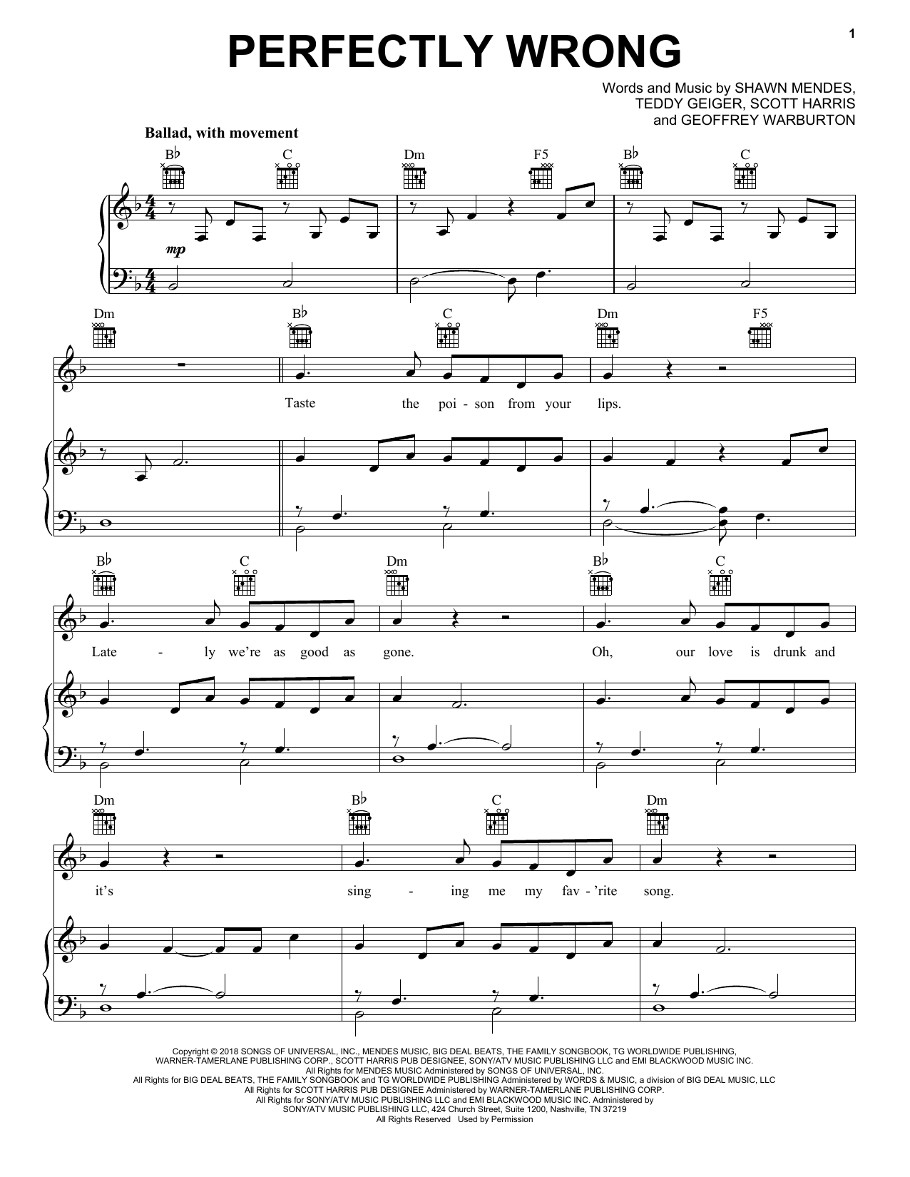 Shawn Mendes Perfectly Wrong sheet music notes and chords arranged for Piano, Vocal & Guitar Chords (Right-Hand Melody)
