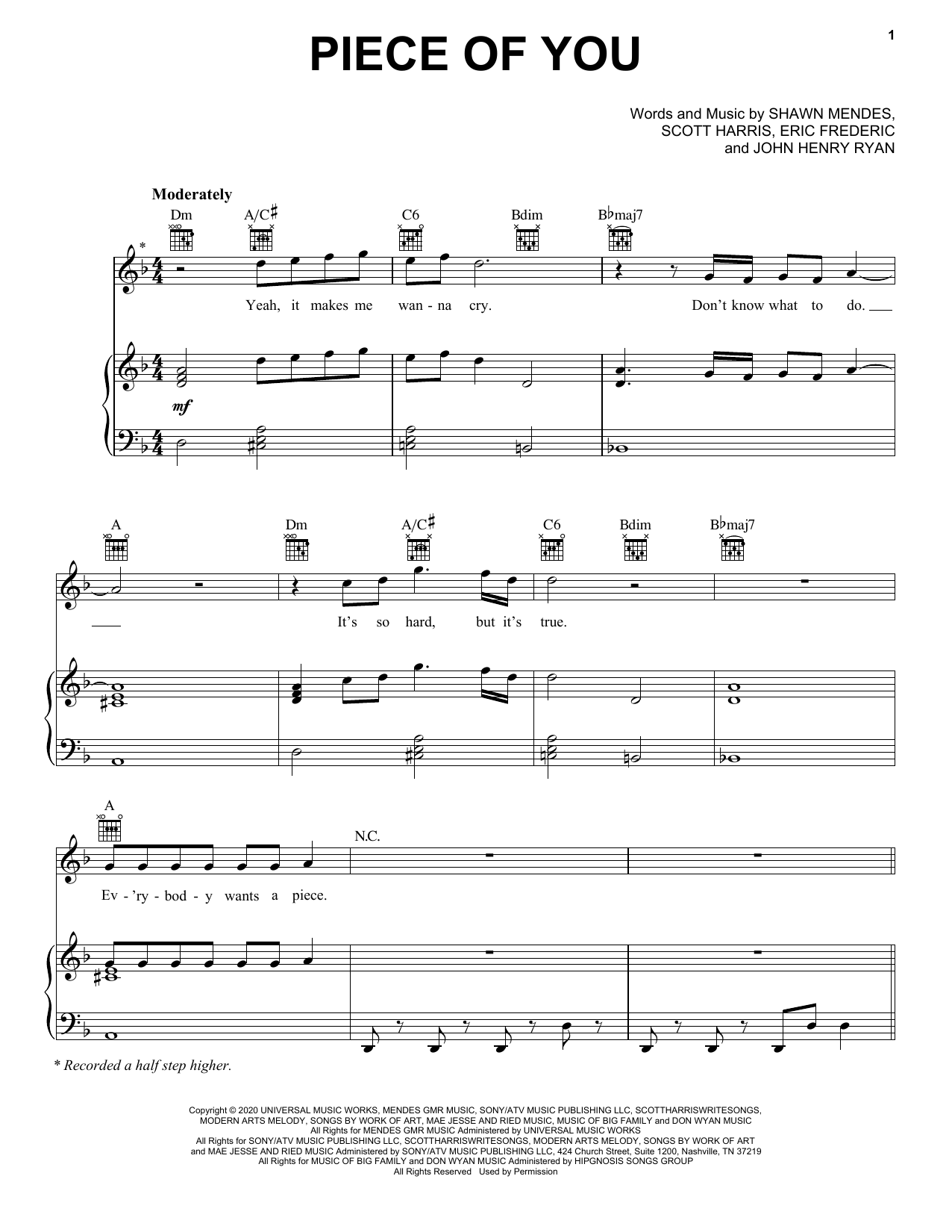 Shawn Mendes Piece Of You sheet music notes and chords arranged for Piano, Vocal & Guitar Chords (Right-Hand Melody)