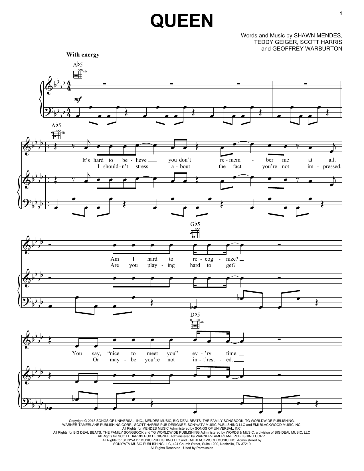 Shawn Mendes Queen sheet music notes and chords arranged for Piano, Vocal & Guitar Chords (Right-Hand Melody)