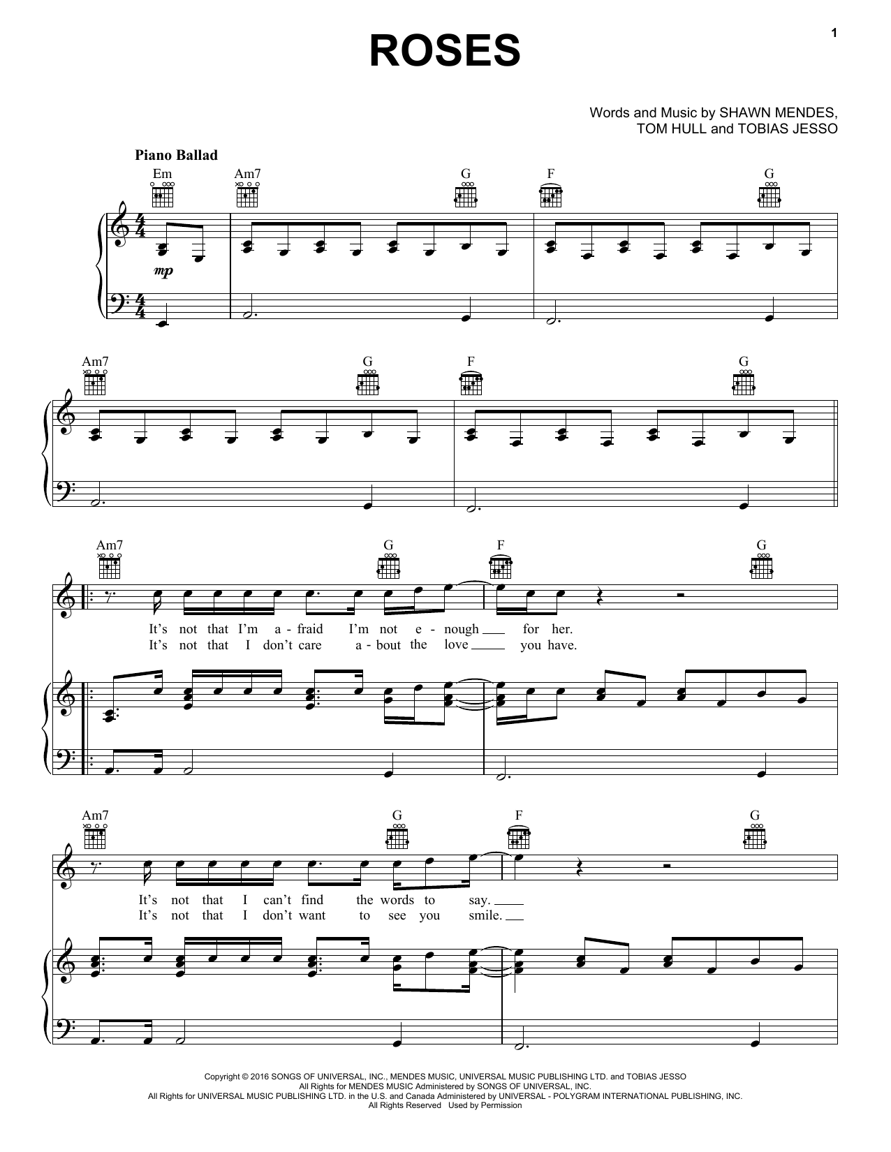 Shawn Mendes Roses sheet music notes and chords arranged for Piano, Vocal & Guitar Chords (Right-Hand Melody)