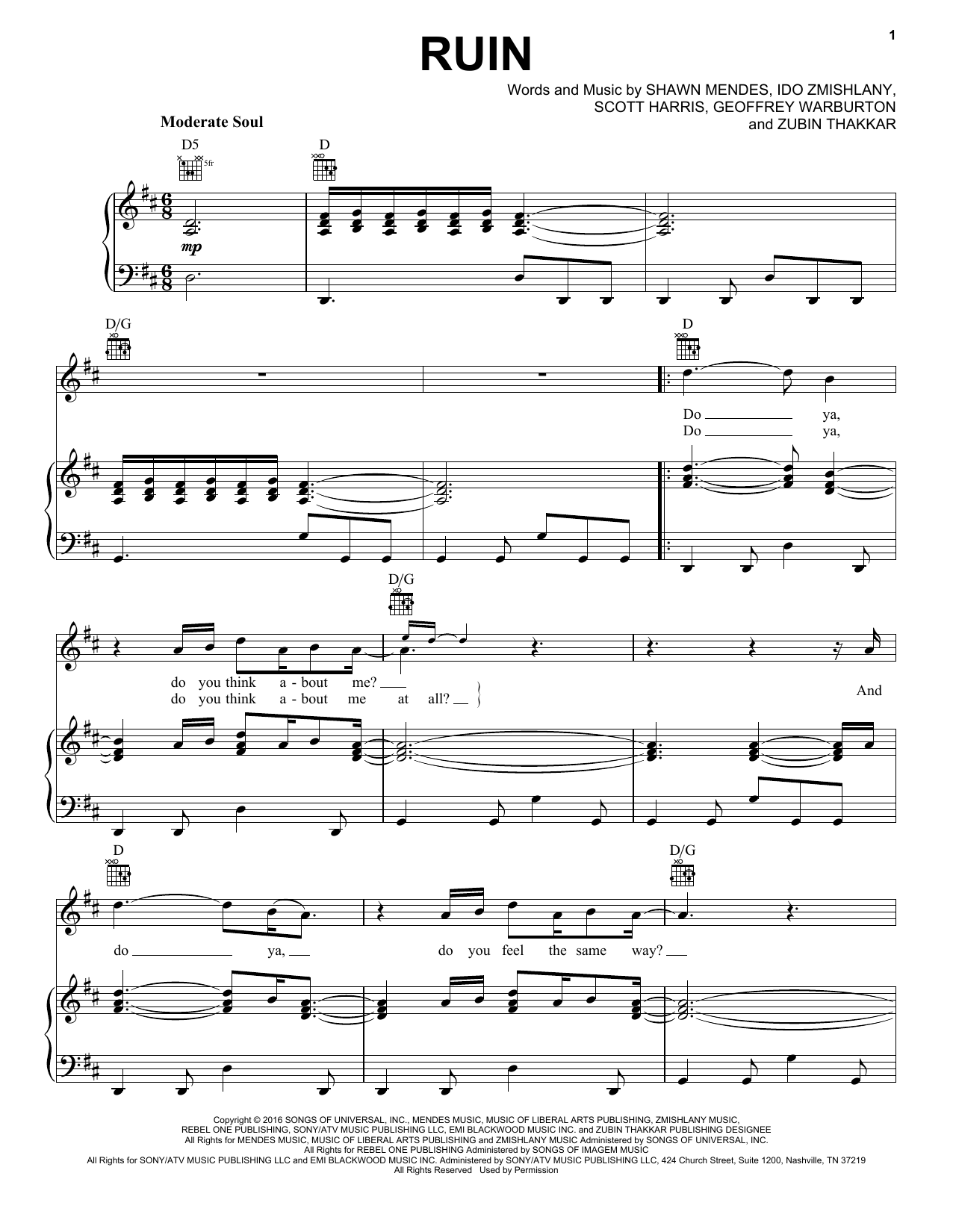 Shawn Mendes Ruin sheet music notes and chords arranged for Piano, Vocal & Guitar Chords (Right-Hand Melody)