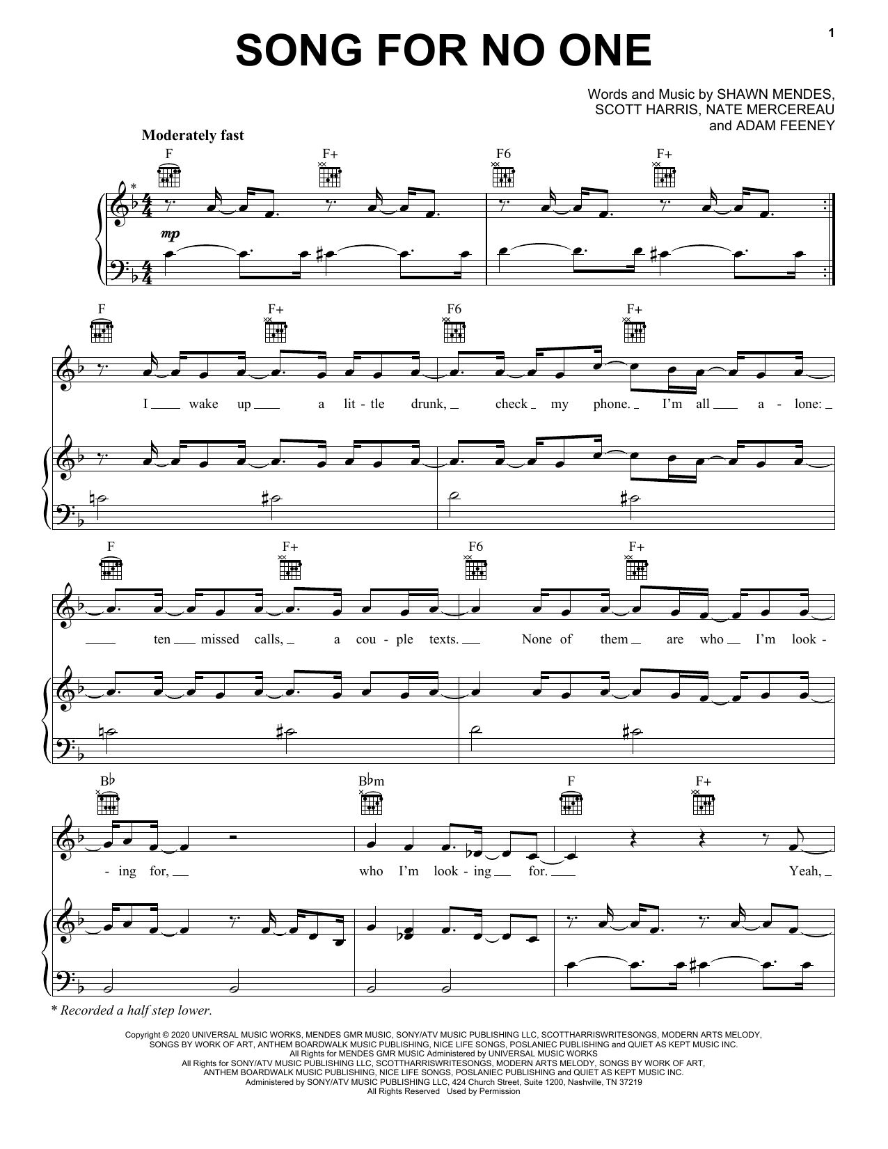 Shawn Mendes Song For No One sheet music notes and chords arranged for Piano, Vocal & Guitar Chords (Right-Hand Melody)