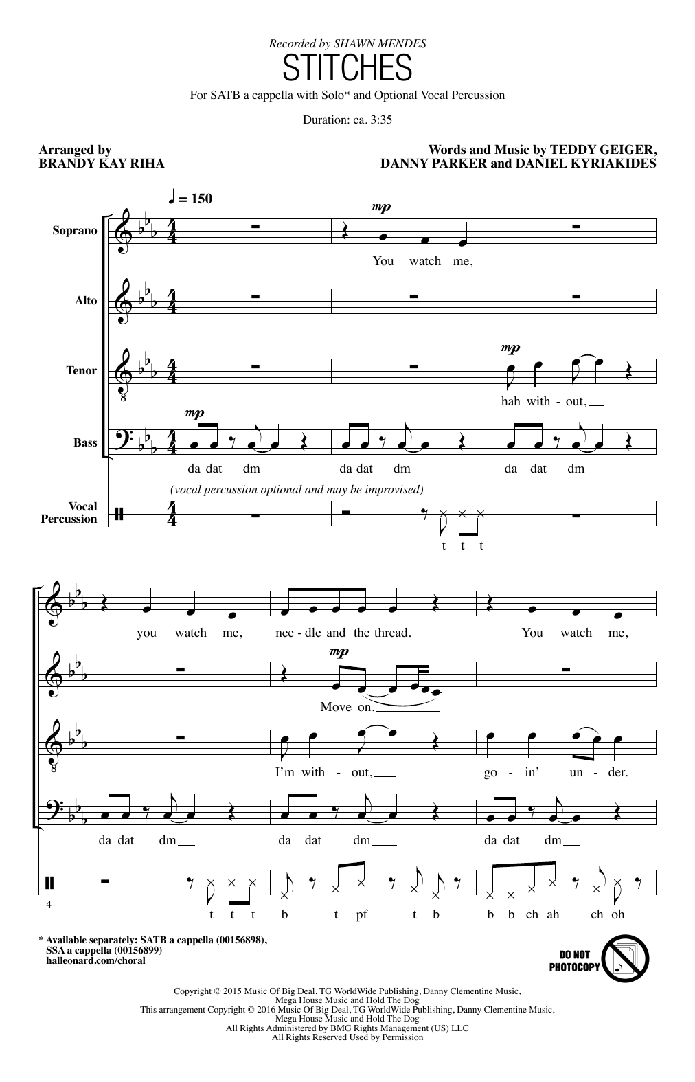 Shawn Mendes Stitches (arr. Brandy Kay Riha) sheet music notes and chords arranged for SATB Choir