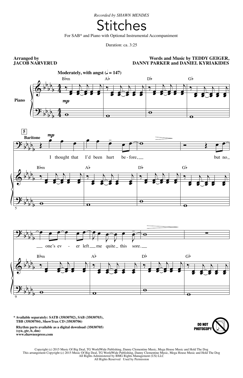 Shawn Mendes Stitches (arr. Jacob Narverud) sheet music notes and chords arranged for SAB Choir
