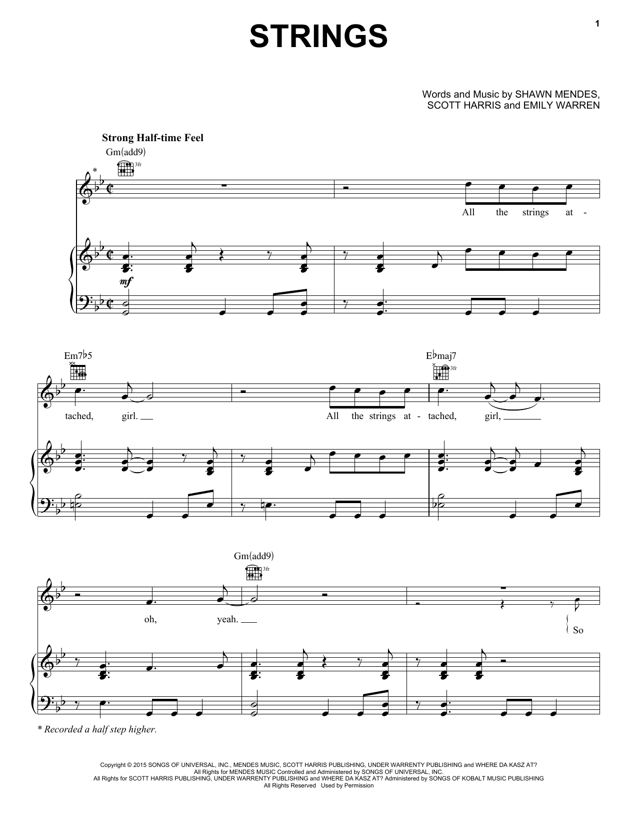 Shawn Mendes Strings sheet music notes and chords arranged for Piano, Vocal & Guitar Chords (Right-Hand Melody)