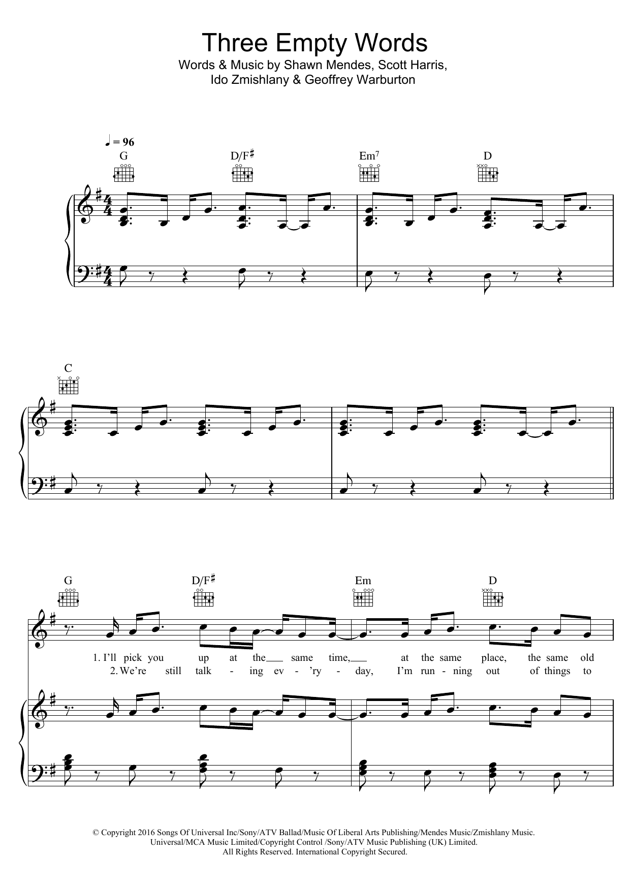 Shawn Mendes Three Empty Words sheet music notes and chords arranged for Piano, Vocal & Guitar Chords (Right-Hand Melody)