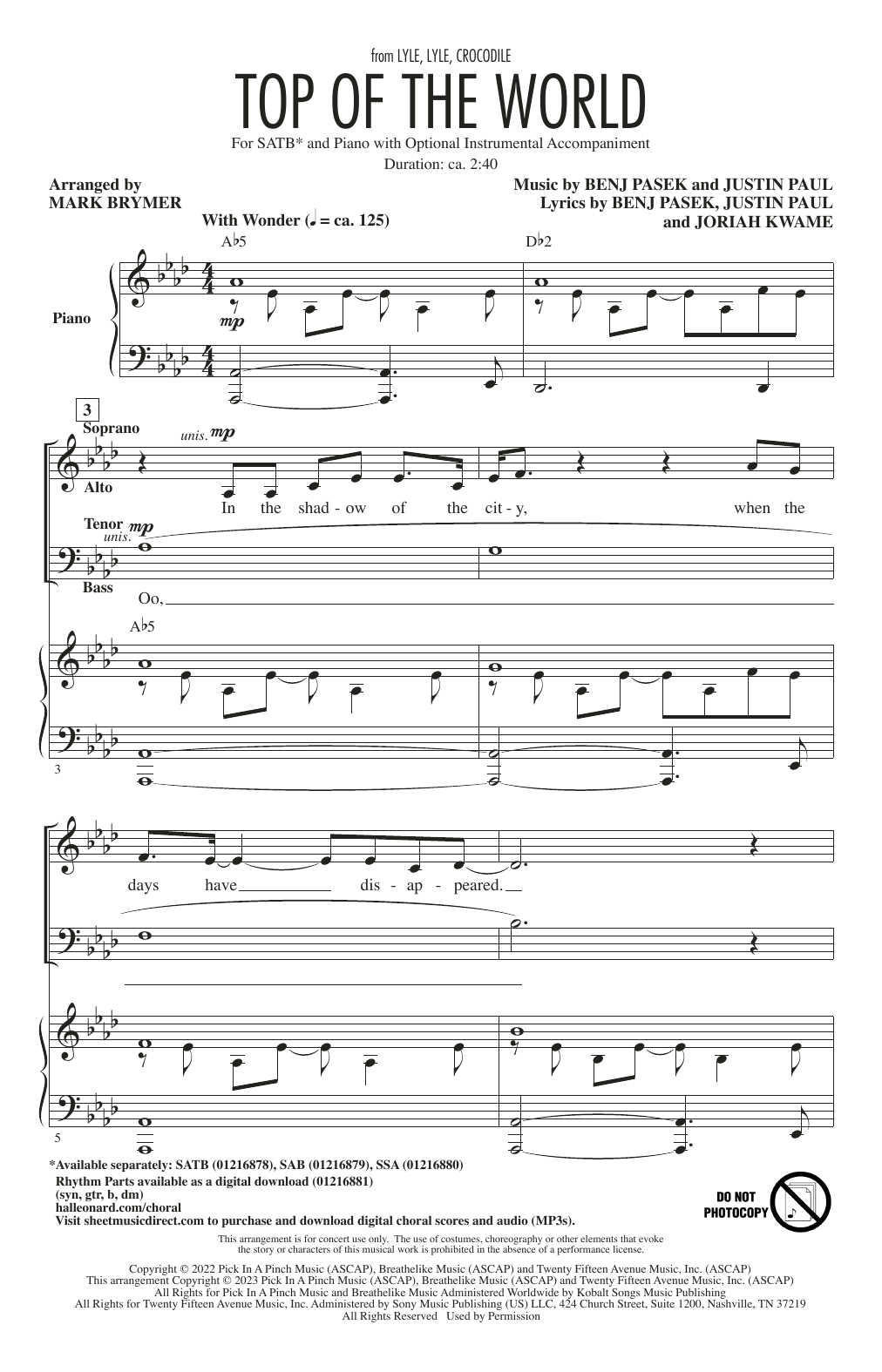 Shawn Mendes Top Of The World (from Lyle, Lyle, Crocodile) (arr. Mark Brymer) sheet music notes and chords arranged for SATB Choir