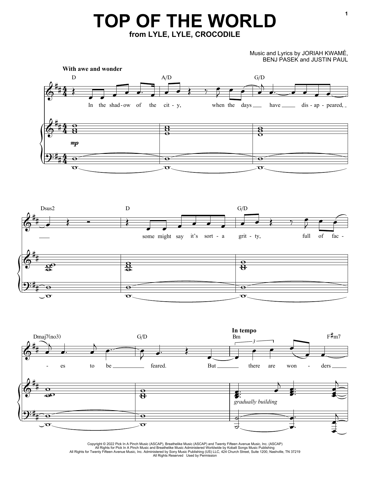 Shawn Mendes Top Of The World (from Lyle, Lyle, Crocodile) sheet music notes and chords arranged for Piano, Vocal & Guitar Chords (Right-Hand Melody)