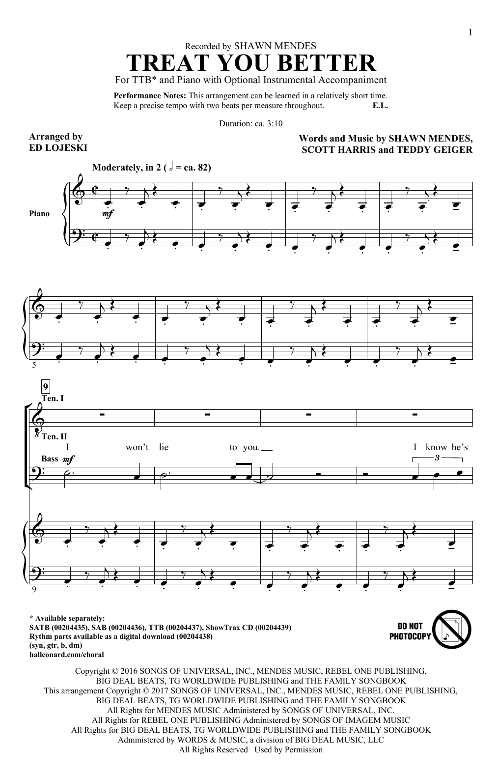 Shawn Mendes Treat You Better (arr. Ed Lojeski) sheet music notes and chords arranged for SAB Choir