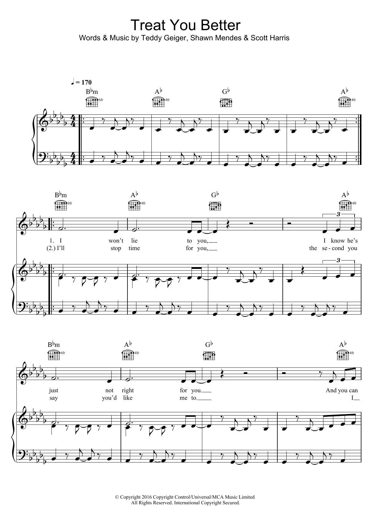 Shawn Mendes Treat You Better sheet music notes and chords arranged for Easy Piano