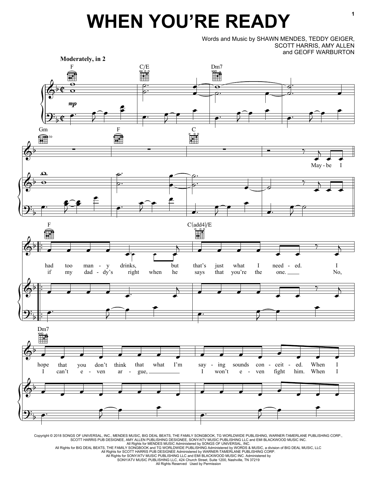 Shawn Mendes When You're Ready sheet music notes and chords arranged for Piano, Vocal & Guitar Chords (Right-Hand Melody)