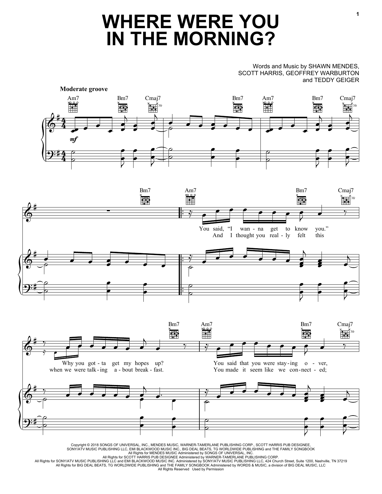 Shawn Mendes Where Were You In The Morning? sheet music notes and chords arranged for Piano, Vocal & Guitar Chords (Right-Hand Melody)