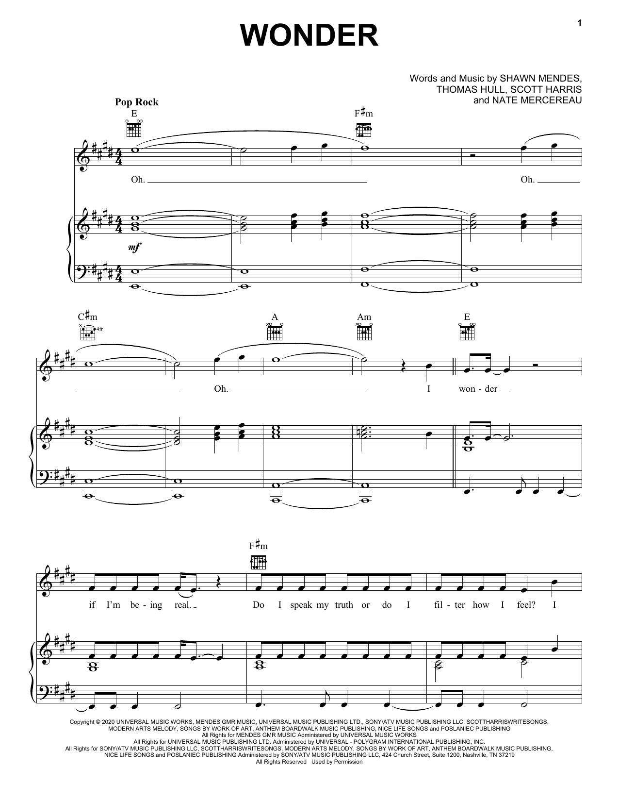 Shawn Mendes Wonder sheet music notes and chords arranged for Big Note Piano