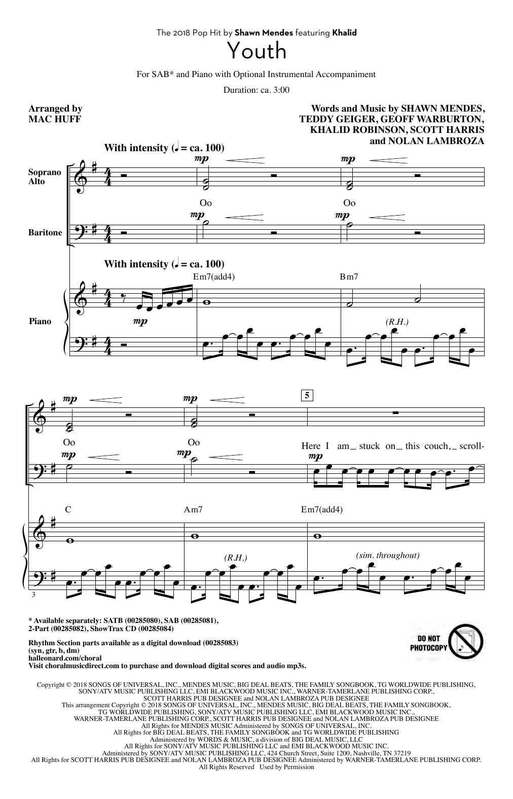 Shawn Mendes Youth (feat. Khalid) (arr. Mac Huff) sheet music notes and chords arranged for SATB Choir