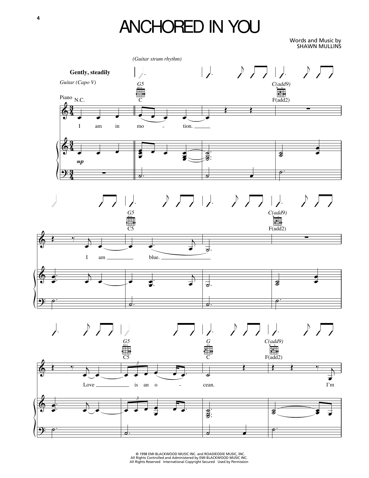 Shawn Mullins Anchored In You sheet music notes and chords arranged for Piano, Vocal & Guitar Chords (Right-Hand Melody)