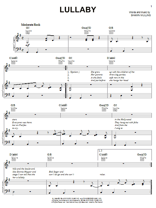 Shawn Mullins Lullaby sheet music notes and chords arranged for Piano, Vocal & Guitar Chords (Right-Hand Melody)