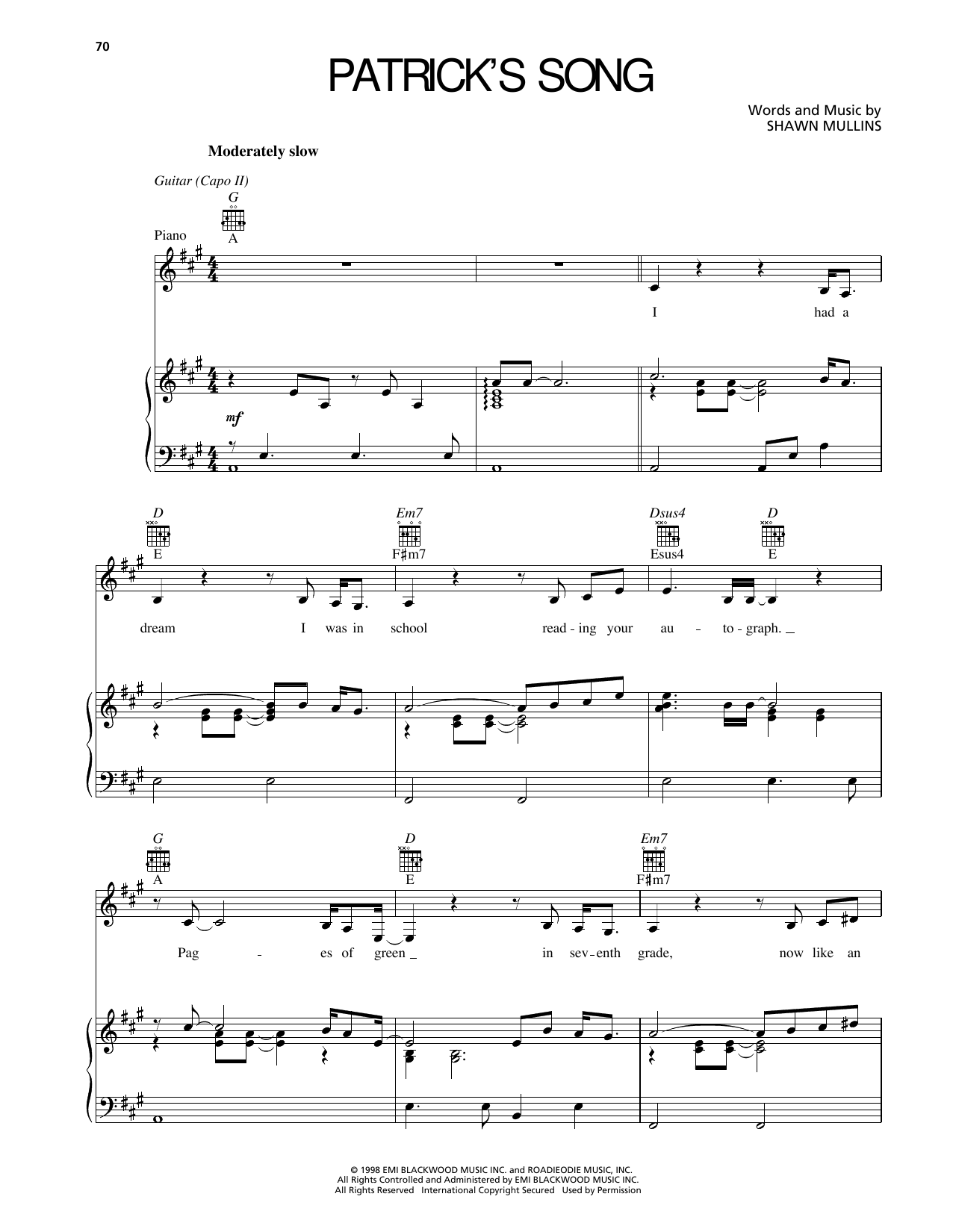 Shawn Mullins Patrick's Song sheet music notes and chords arranged for Piano, Vocal & Guitar Chords (Right-Hand Melody)