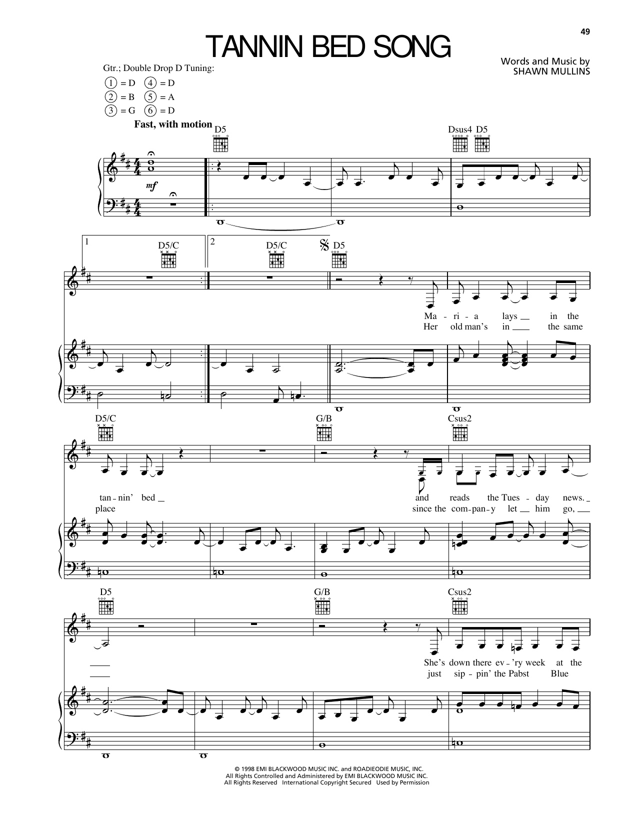 Shawn Mullins Tannin Bed Song sheet music notes and chords arranged for Piano, Vocal & Guitar Chords (Right-Hand Melody)