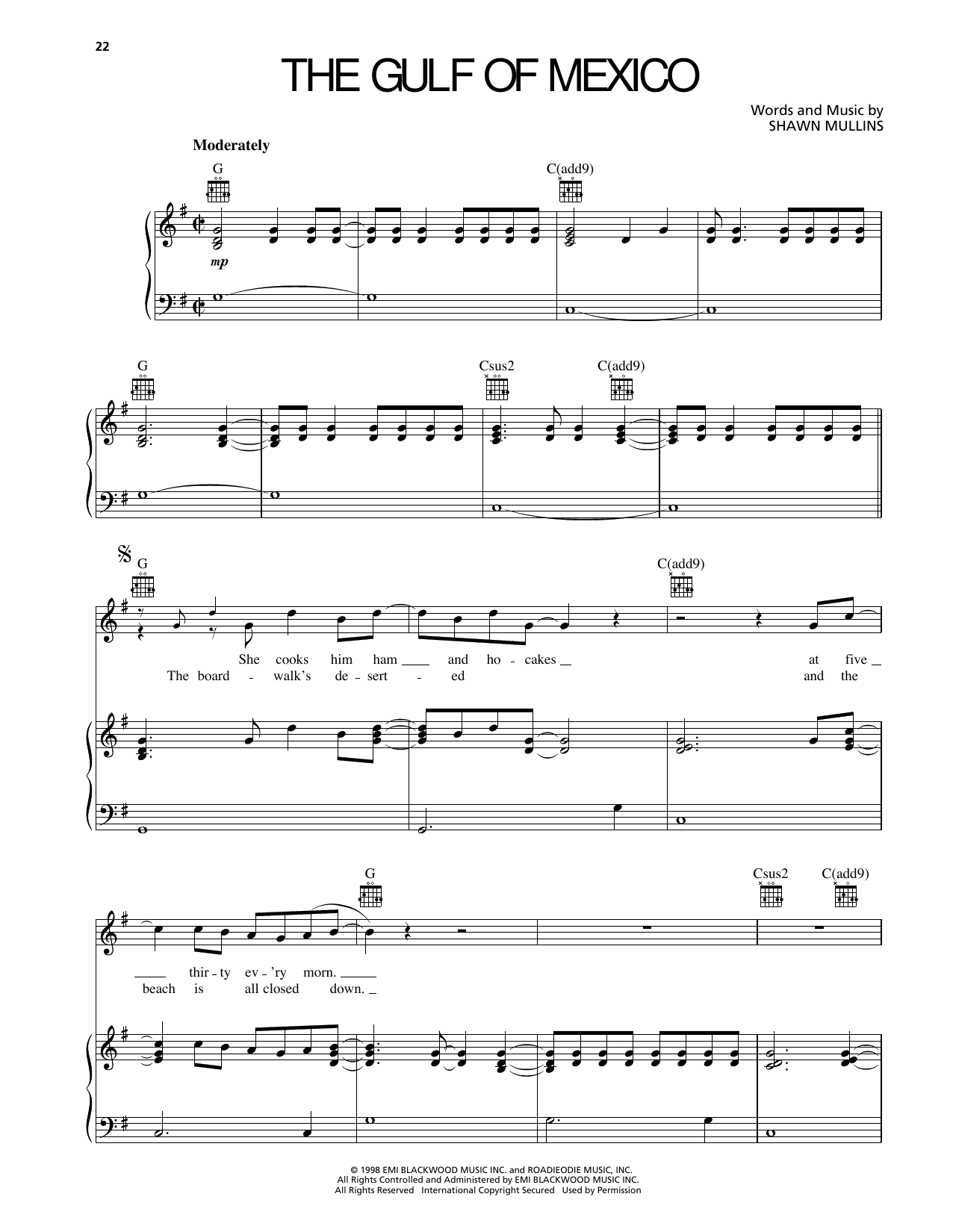 Shawn Mullins The Gulf Of Mexico sheet music notes and chords arranged for Piano, Vocal & Guitar Chords (Right-Hand Melody)