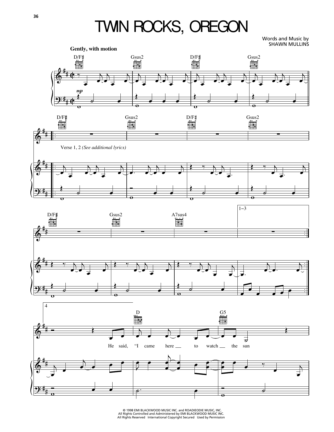 Shawn Mullins Twin Rocks, Oregon sheet music notes and chords arranged for Piano, Vocal & Guitar Chords (Right-Hand Melody)