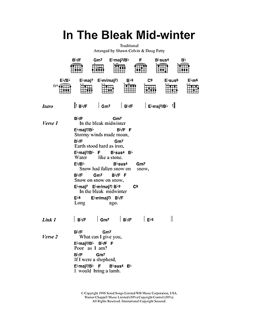 Shawn Colvin In The Bleak Midwinter sheet music notes and chords arranged for Guitar Chords/Lyrics