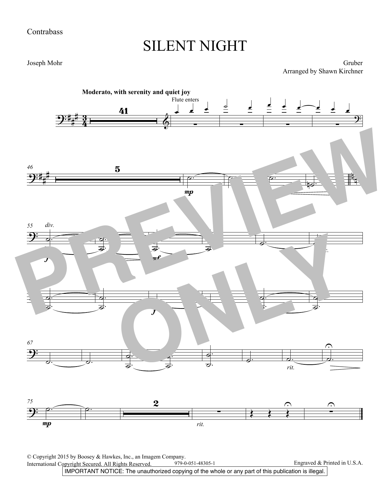 Shawn Kirchner Silent Night - Double Bass sheet music notes and chords arranged for Choir Instrumental Pak