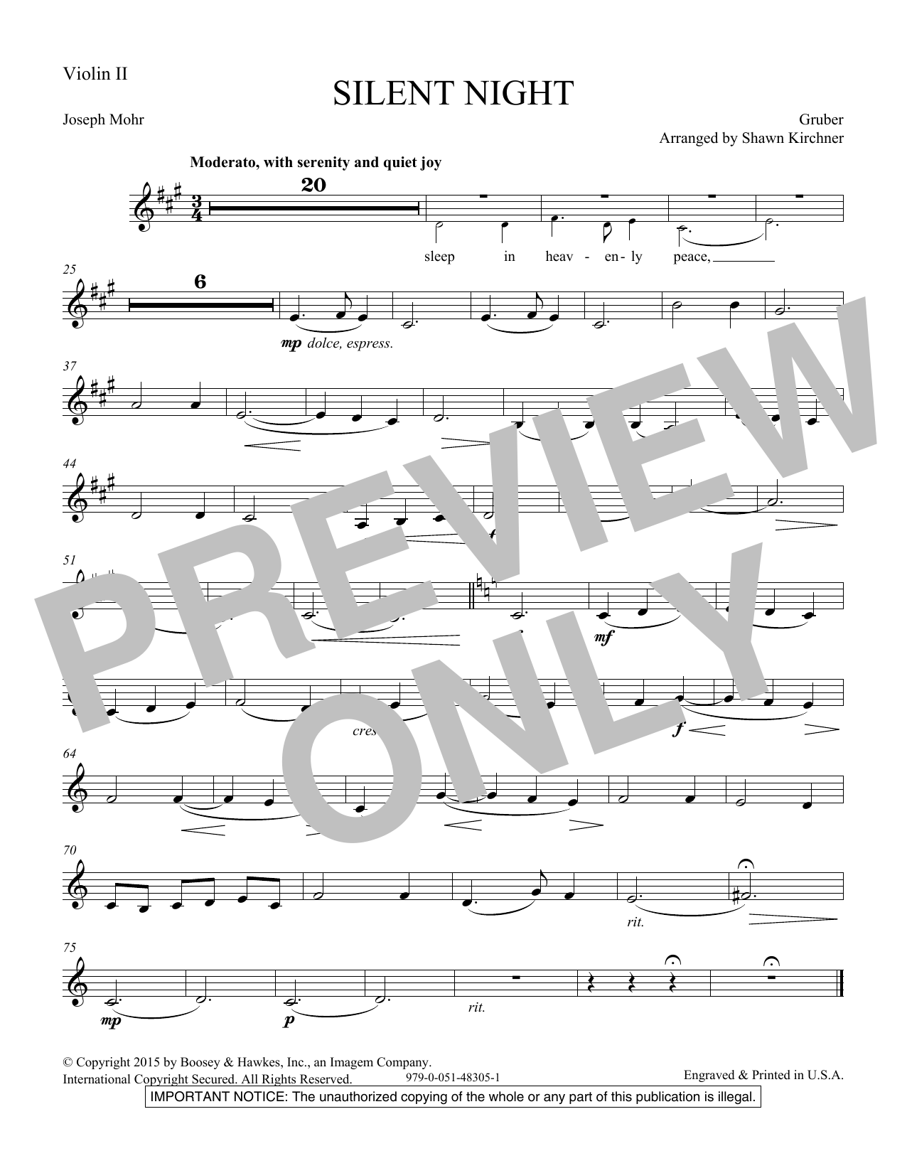 Shawn Kirchner Silent Night - Violin 2 sheet music notes and chords arranged for Choir Instrumental Pak