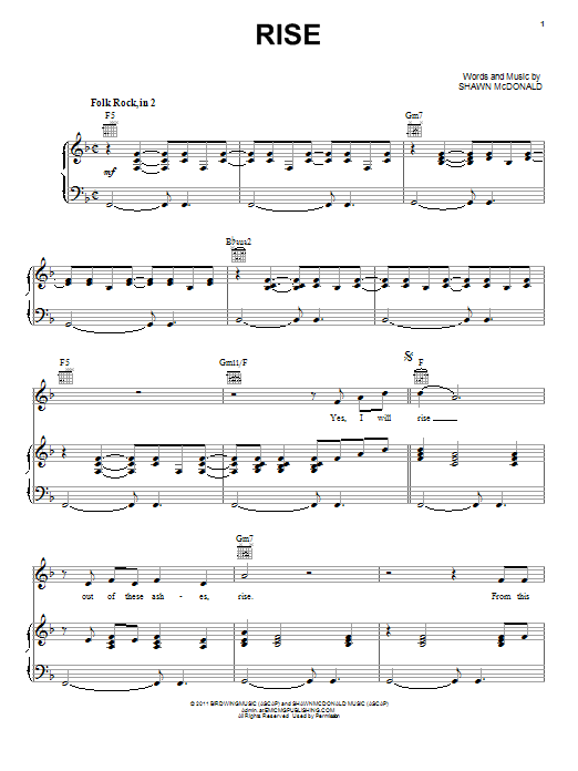Shawn McDonald Rise sheet music notes and chords arranged for Piano, Vocal & Guitar Chords (Right-Hand Melody)