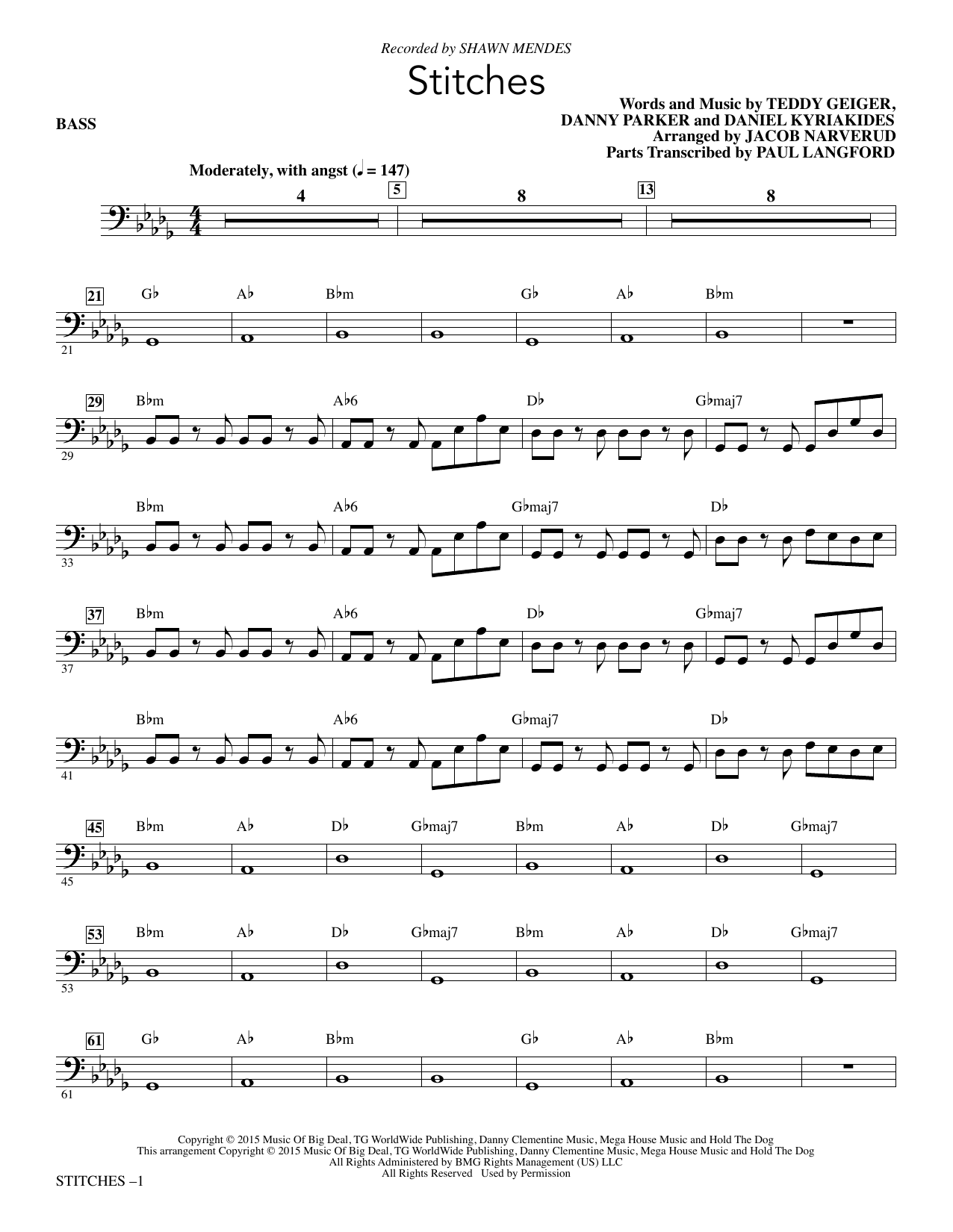 Shawn Mendes Stitches (arr. Jacob Narverud) - Bass sheet music notes and chords arranged for Choir Instrumental Pak