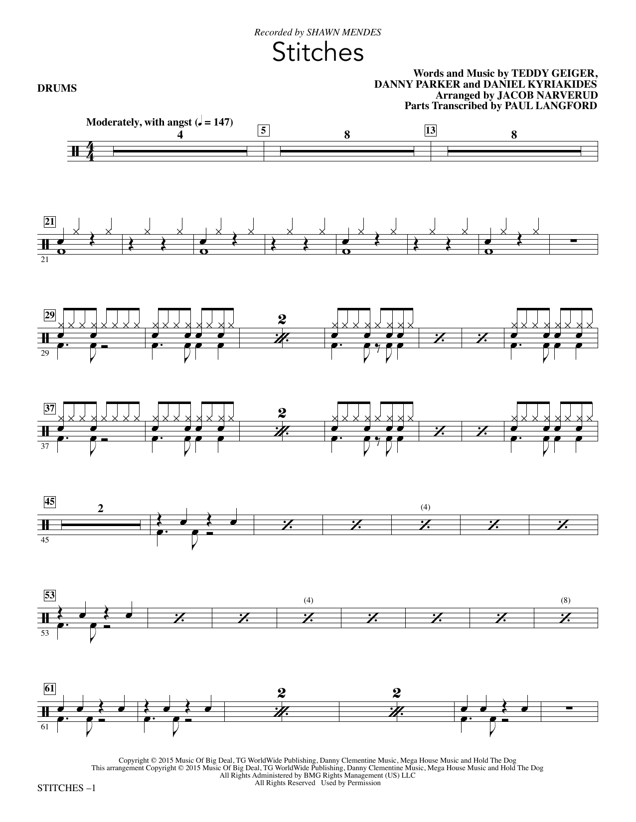 Shawn Mendes Stitches (arr. Jacob Narverud) - Drum Set sheet music notes and chords arranged for Choir Instrumental Pak